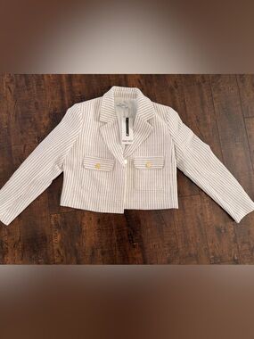 Nine West Cream Cropped Striped Tweed Blazer with Gold Buttons
